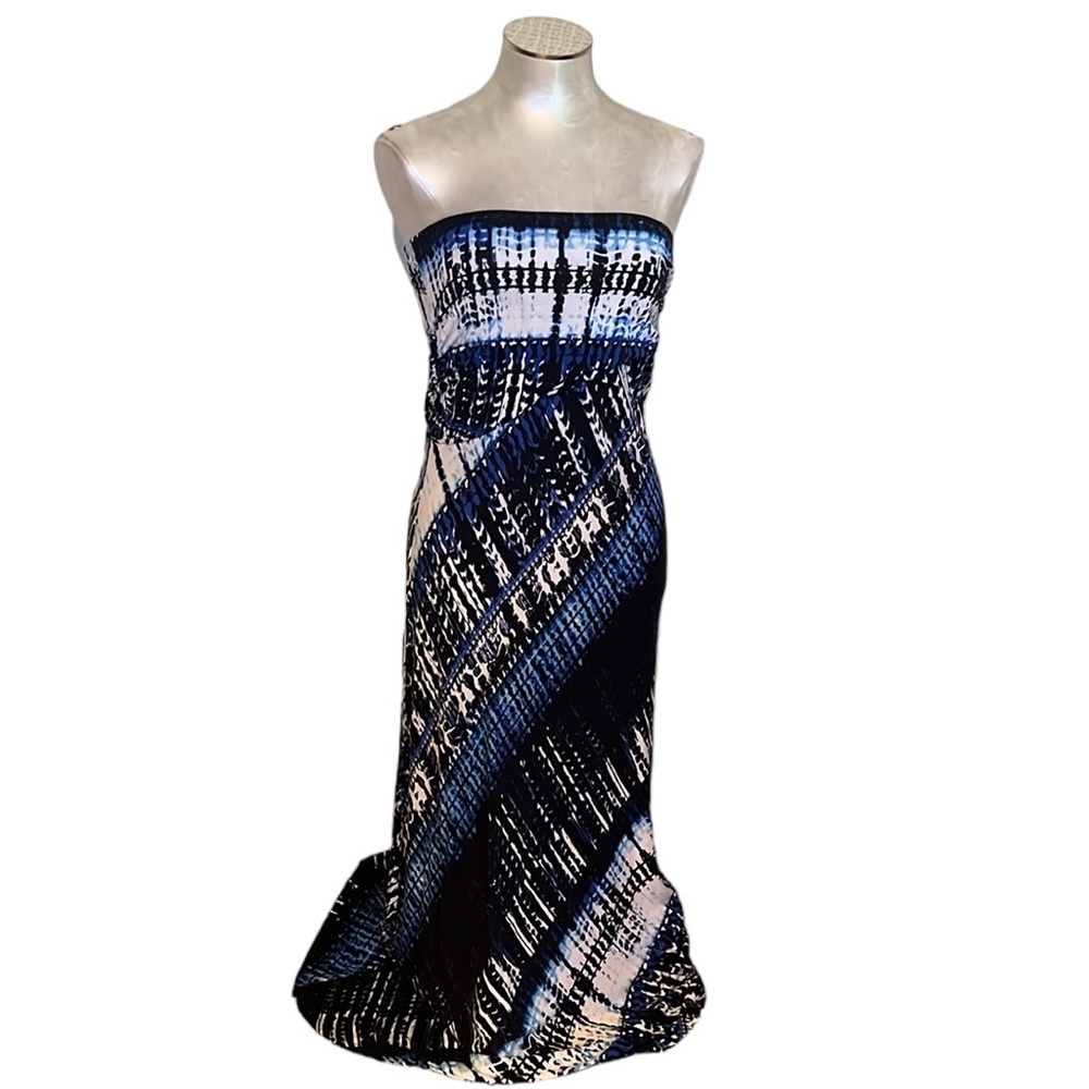 Bobeau Women’s long strapless dress blue and white stretch knit tie dye …